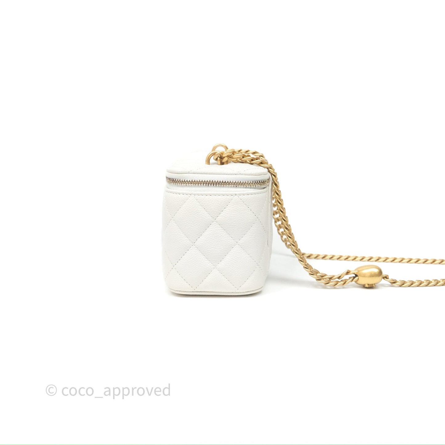 Chanel Vanity with Heart Adjustable Chain White Caviar Aged Gold Hardware