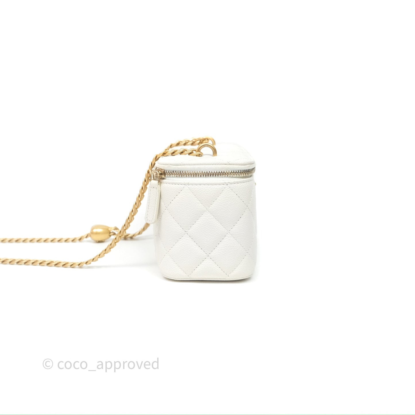 Chanel Vanity with Heart Adjustable Chain White Caviar Aged Gold Hardware