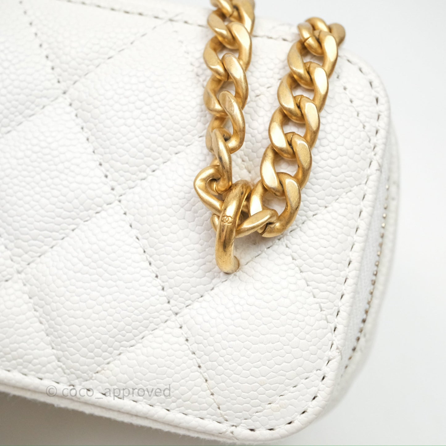 Chanel Vanity with Heart Adjustable Chain White Caviar Aged Gold Hardware