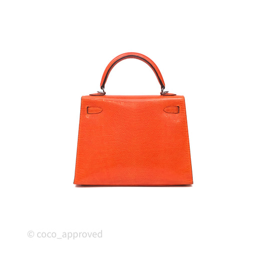 Hermes Kelly 25 Poppy Orange Lizard Palladium Hardware