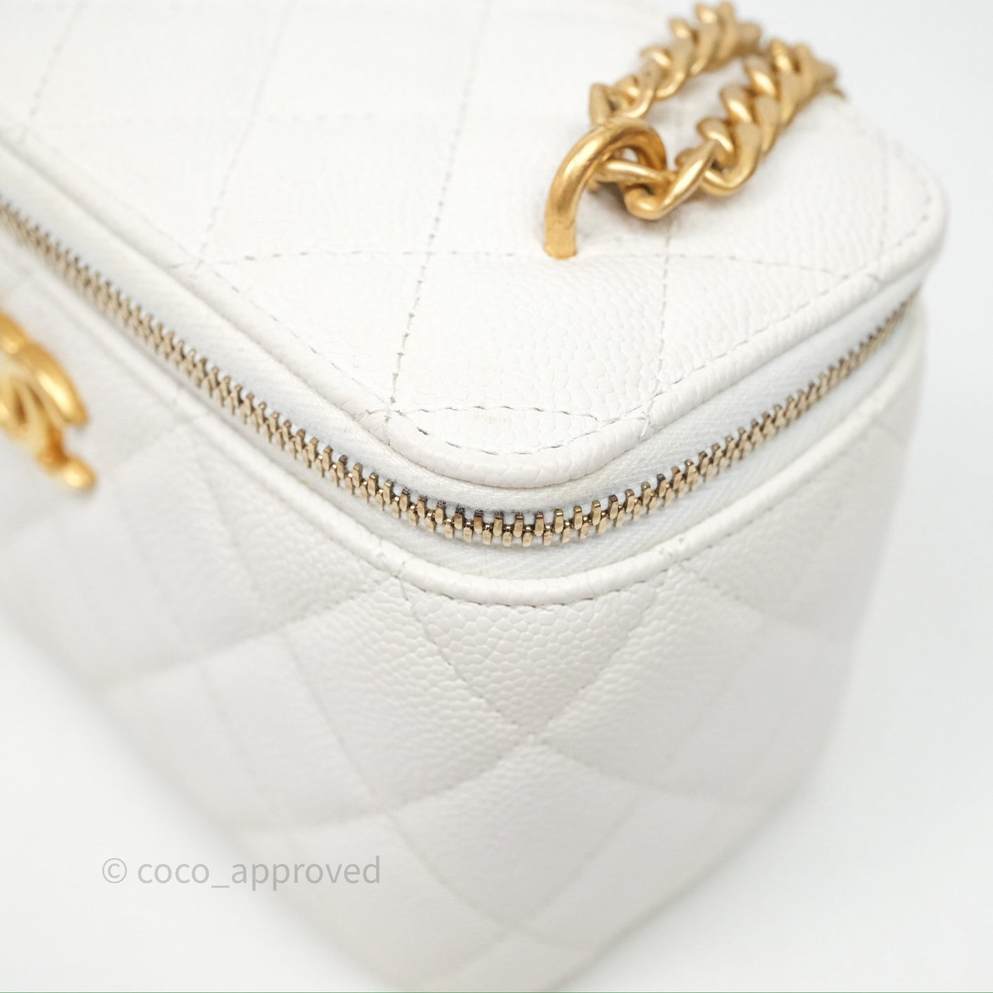 Chanel Vanity with Heart Adjustable Chain White Caviar Aged Gold Hardware