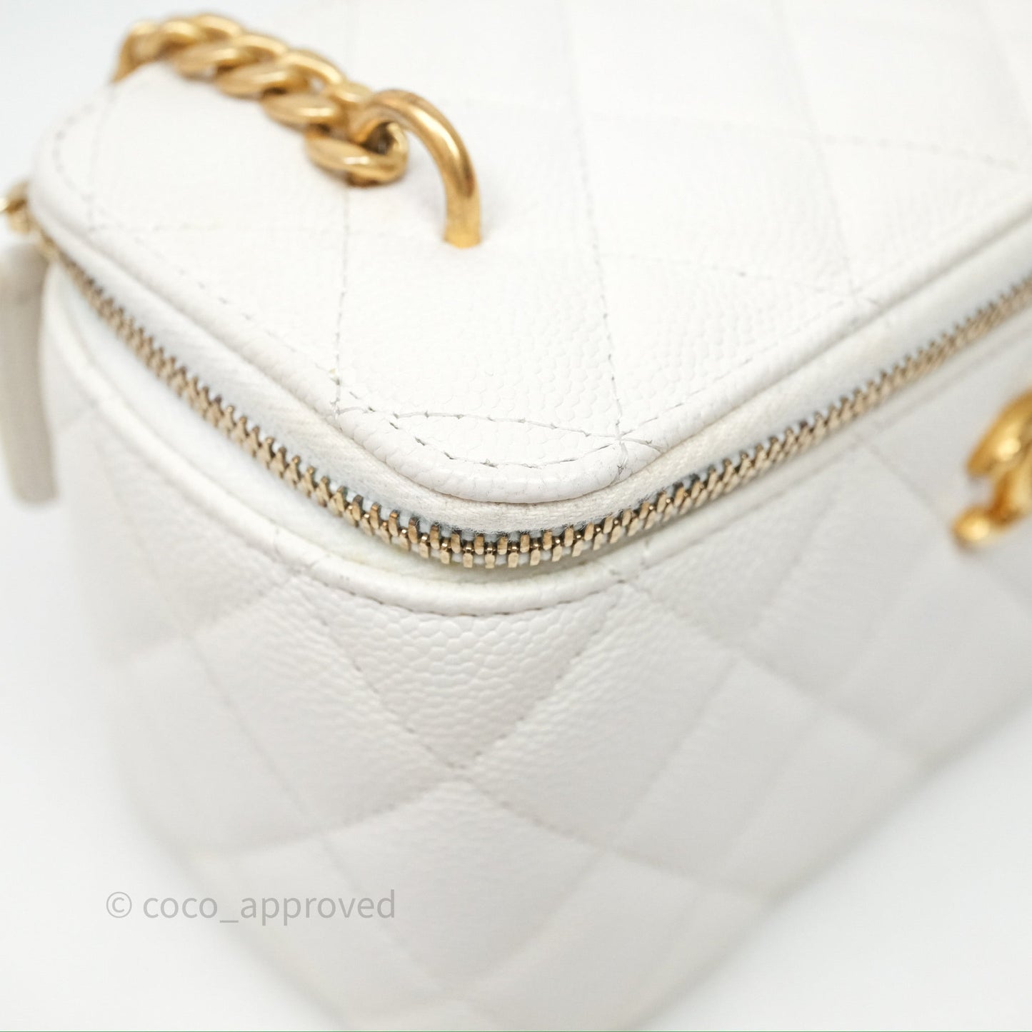 Chanel Vanity with Heart Adjustable Chain White Caviar Aged Gold Hardware
