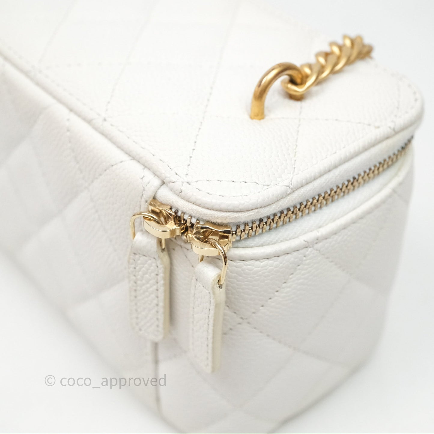 Chanel Vanity with Heart Adjustable Chain White Caviar Aged Gold Hardware
