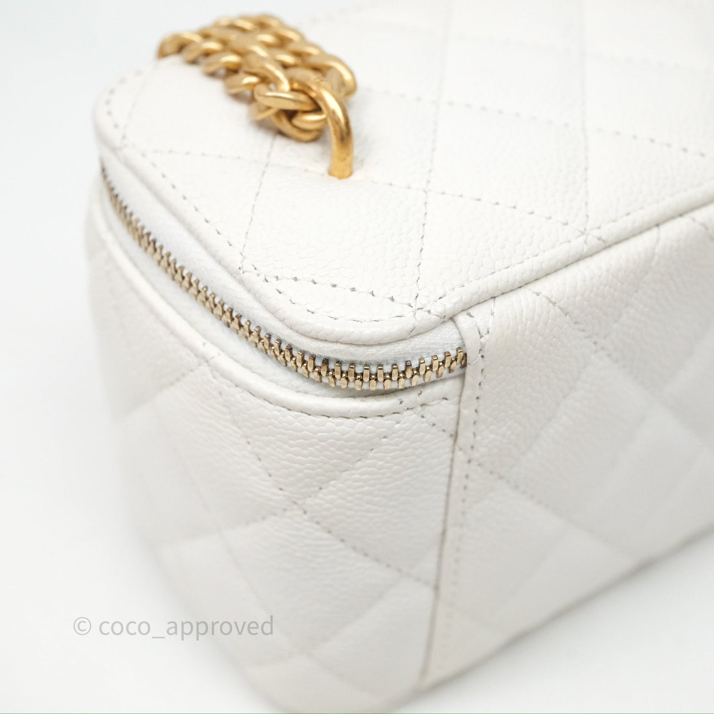 Chanel Vanity with Heart Adjustable Chain White Caviar Aged Gold Hardware