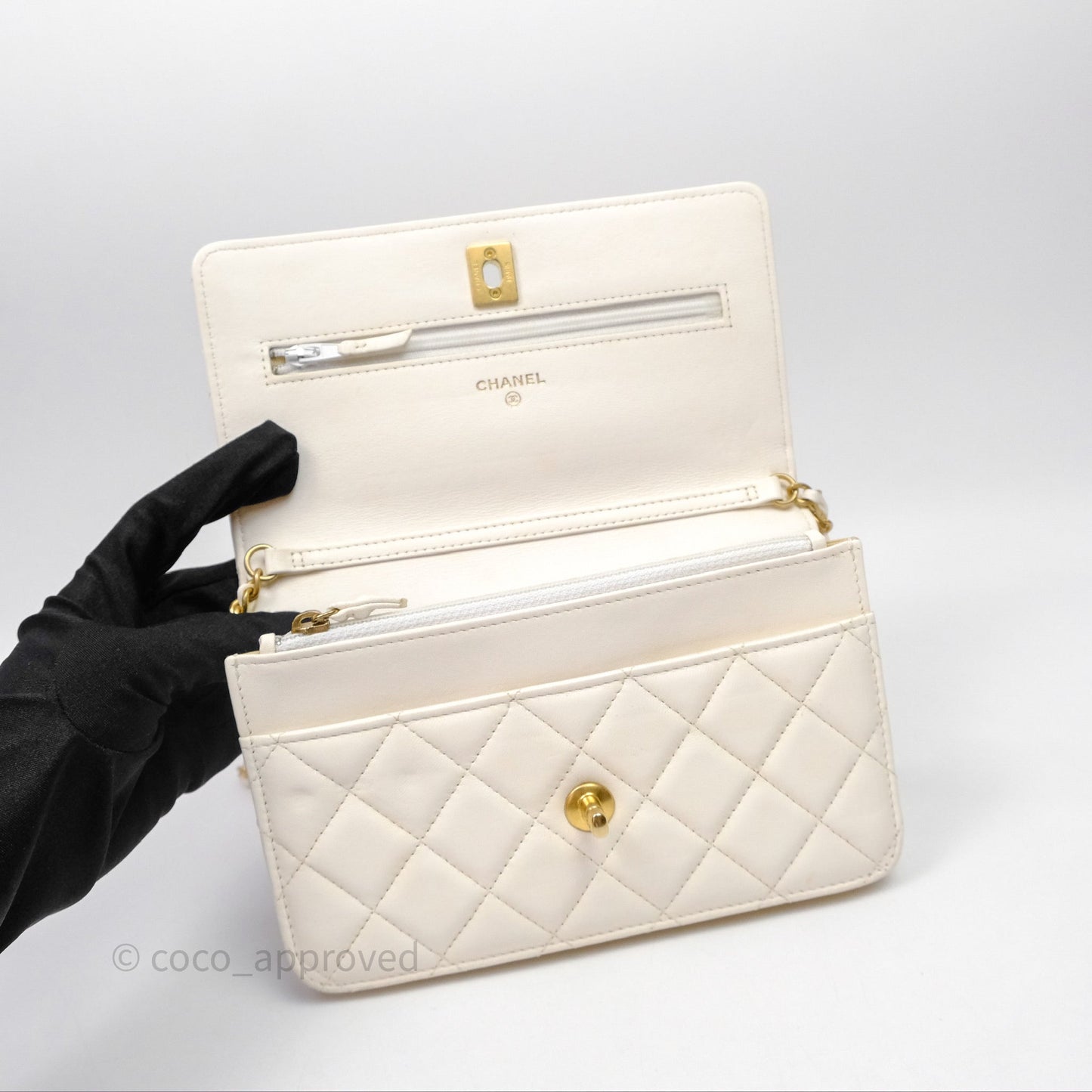 Chanel Quilted Pearl Crush Wallet on Chain WOC Ivory White Lambskin Aged Gold Hardware
