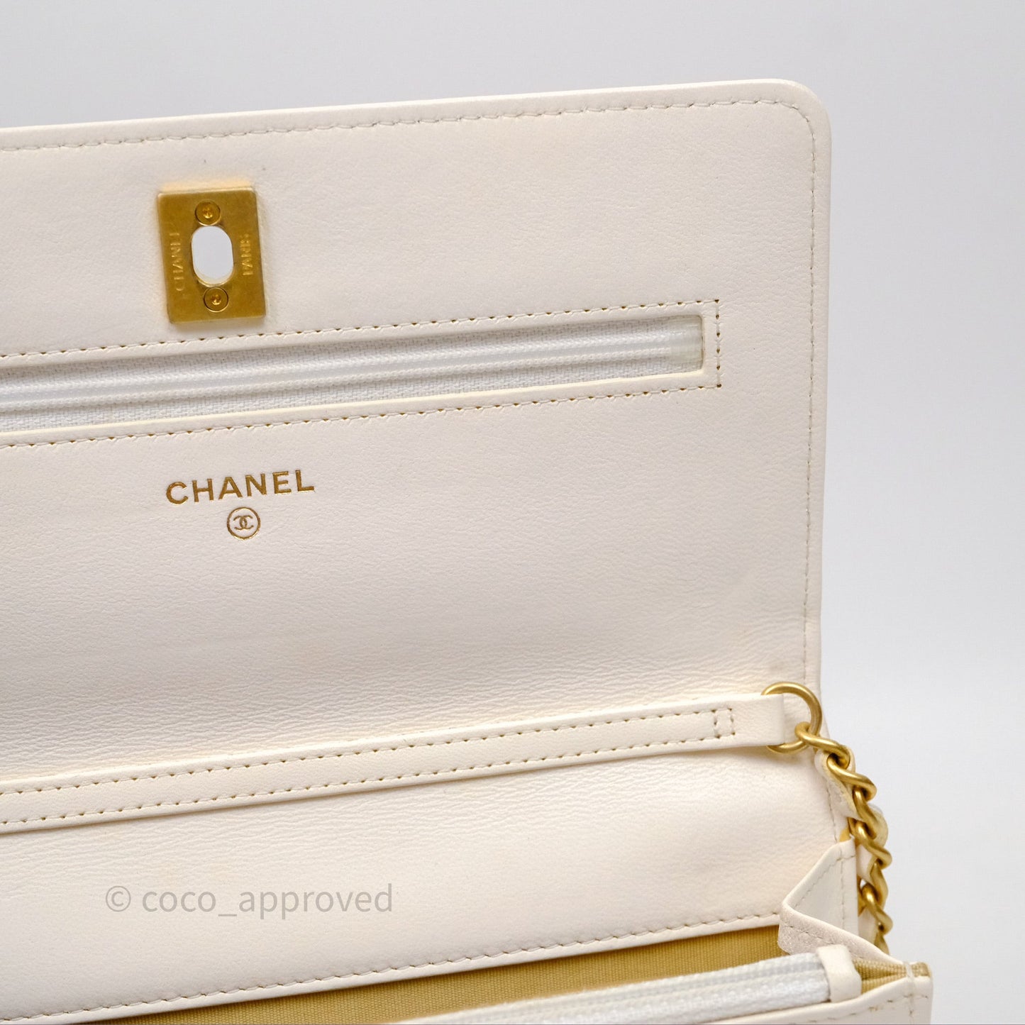 Chanel Quilted Pearl Crush Wallet on Chain WOC Ivory White Lambskin Aged Gold Hardware