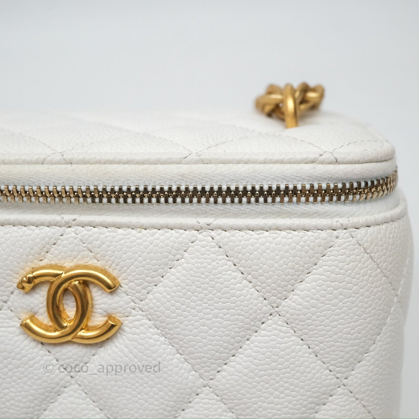 Chanel Vanity with Heart Adjustable Chain White Caviar Aged Gold Hardware