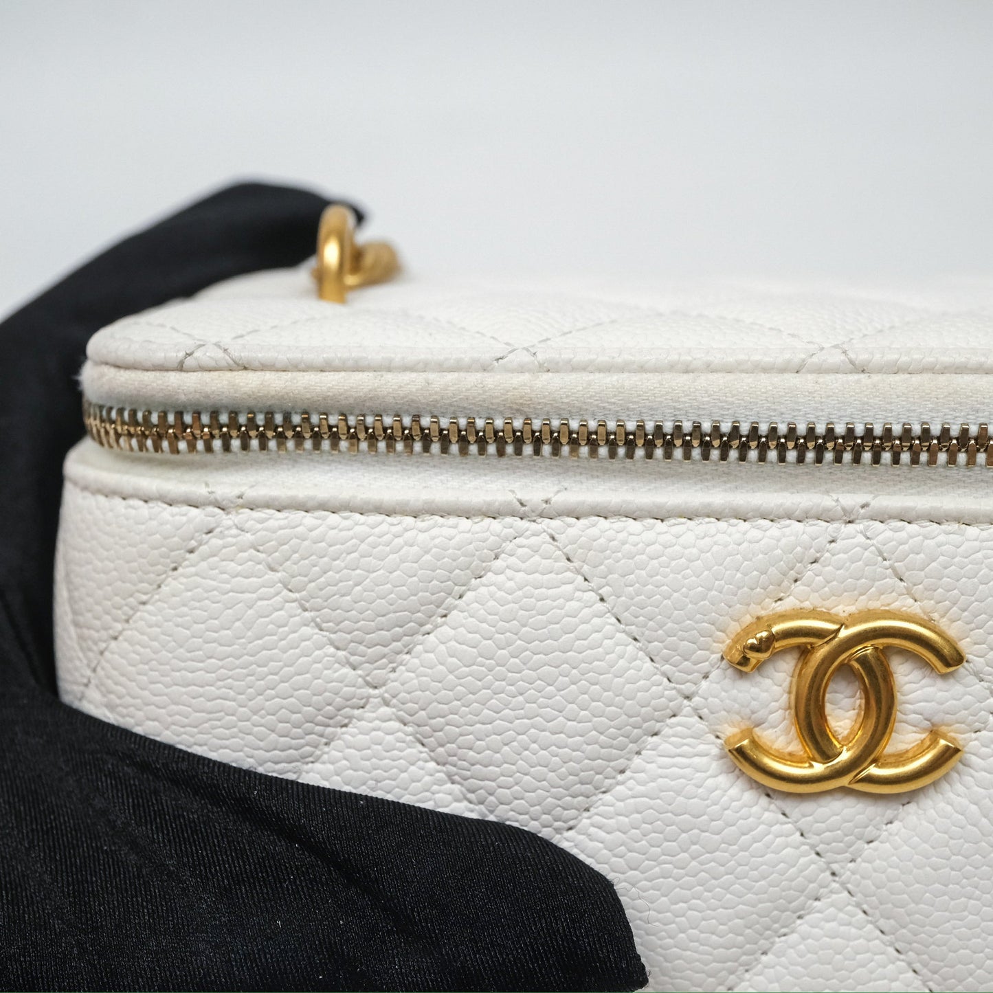 Chanel Vanity with Heart Adjustable Chain White Caviar Aged Gold Hardware
