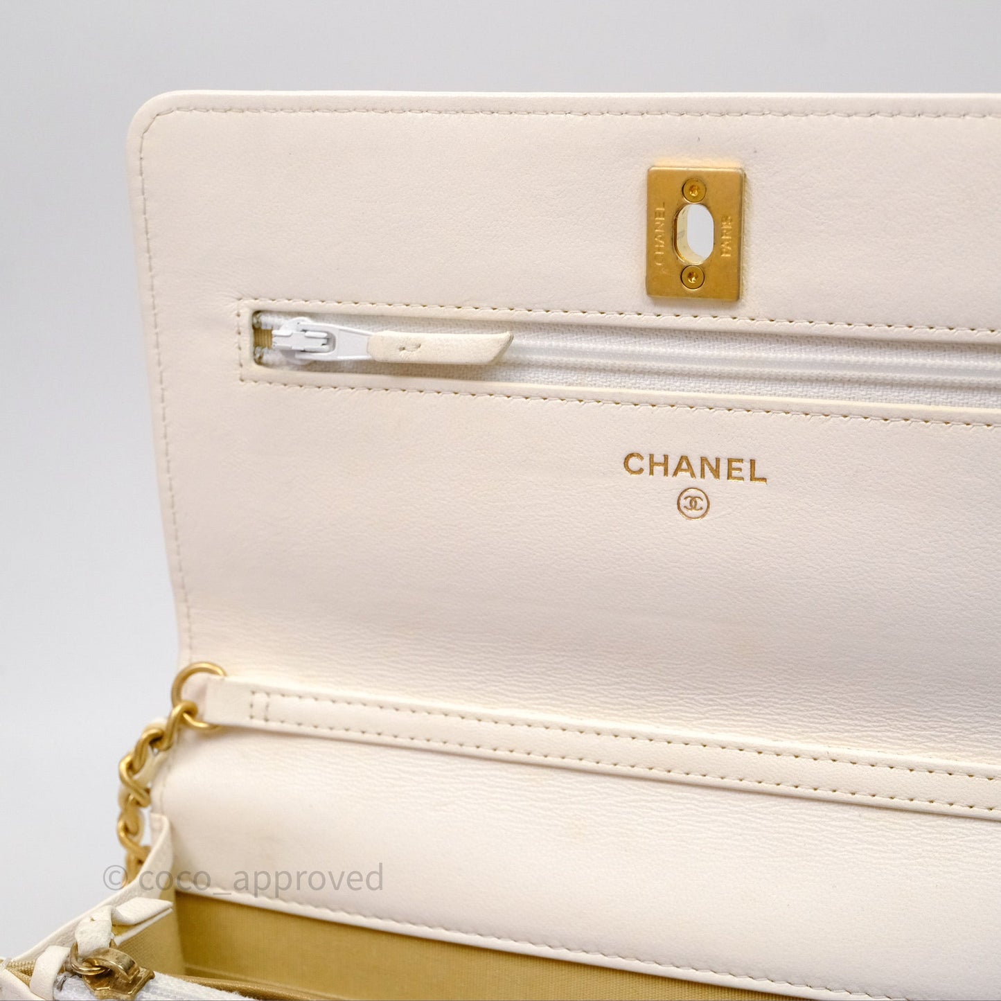 Chanel Quilted Pearl Crush Wallet on Chain WOC Ivory White Lambskin Aged Gold Hardware