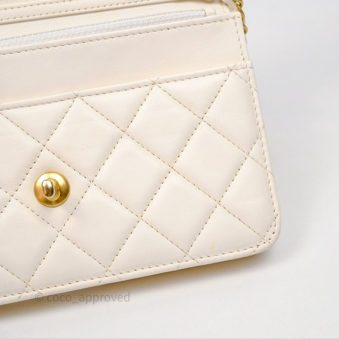 Chanel Quilted Pearl Crush Wallet on Chain WOC Ivory White Lambskin Aged Gold Hardware