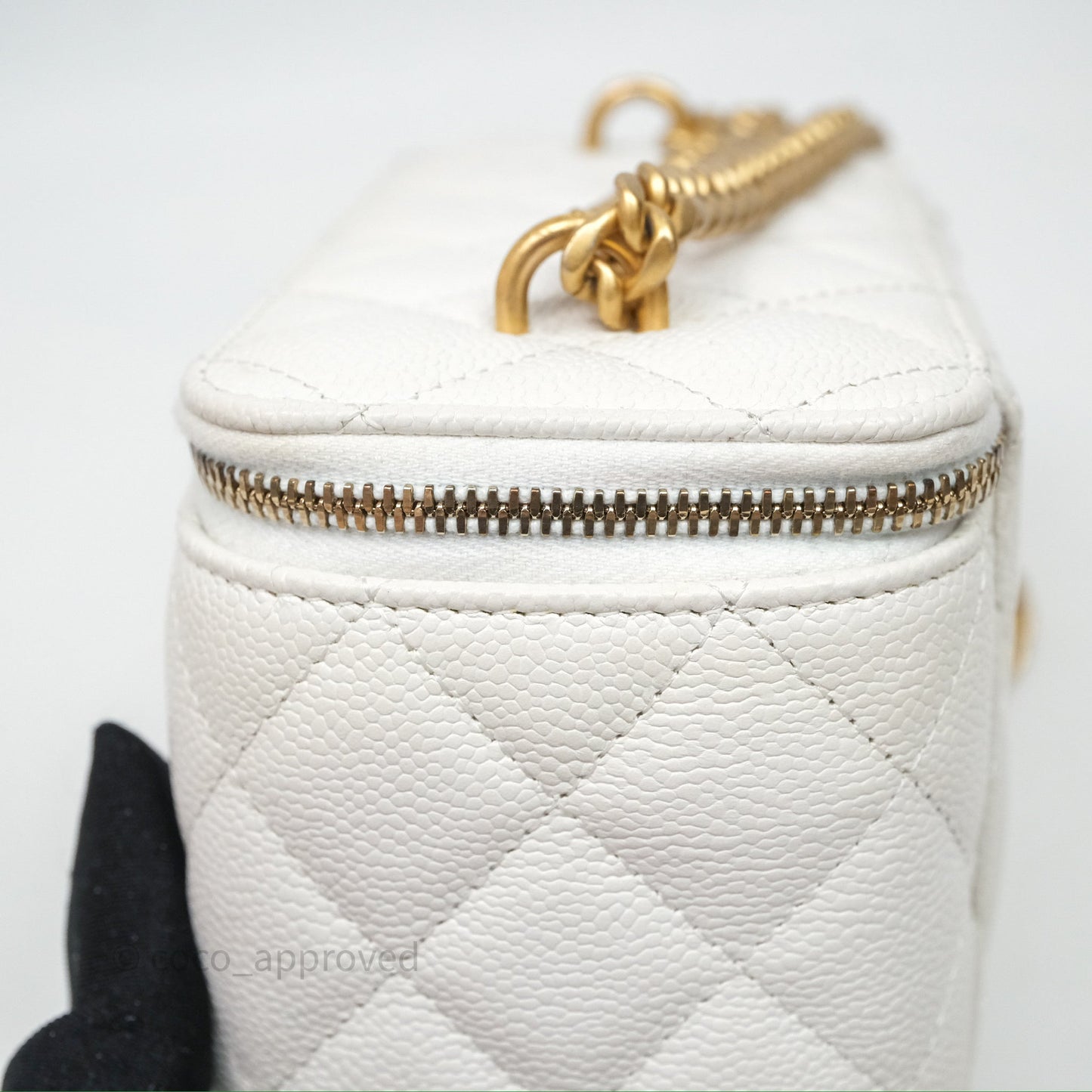 Chanel Vanity with Heart Adjustable Chain White Caviar Aged Gold Hardware