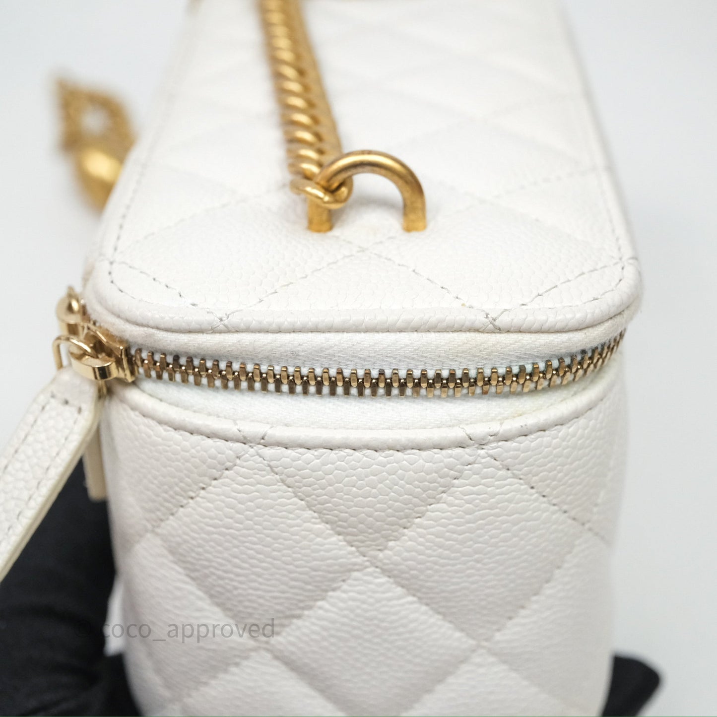 Chanel Vanity with Heart Adjustable Chain White Caviar Aged Gold Hardware