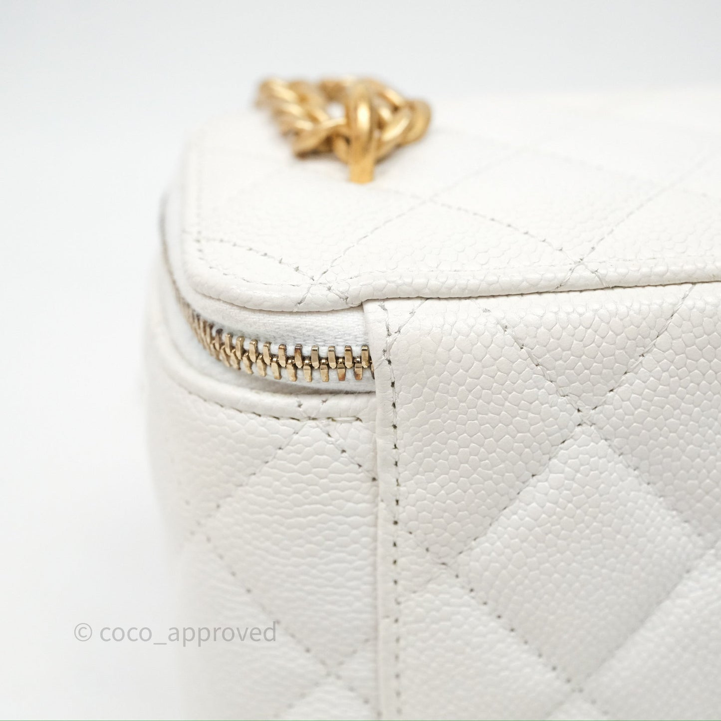 Chanel Vanity with Heart Adjustable Chain White Caviar Aged Gold Hardware