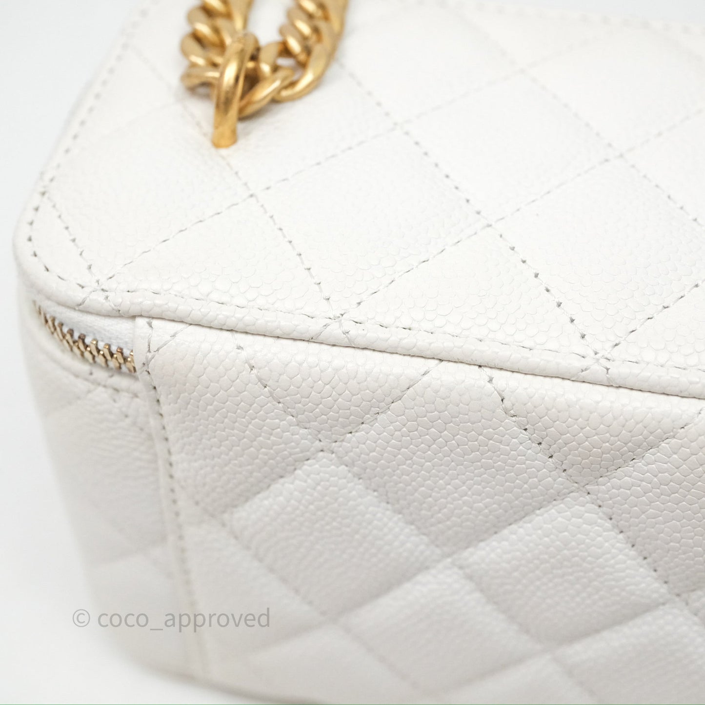 Chanel Vanity with Heart Adjustable Chain White Caviar Aged Gold Hardware
