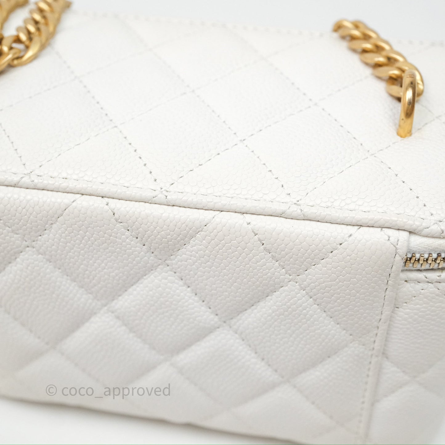 Chanel Vanity with Heart Adjustable Chain White Caviar Aged Gold Hardware