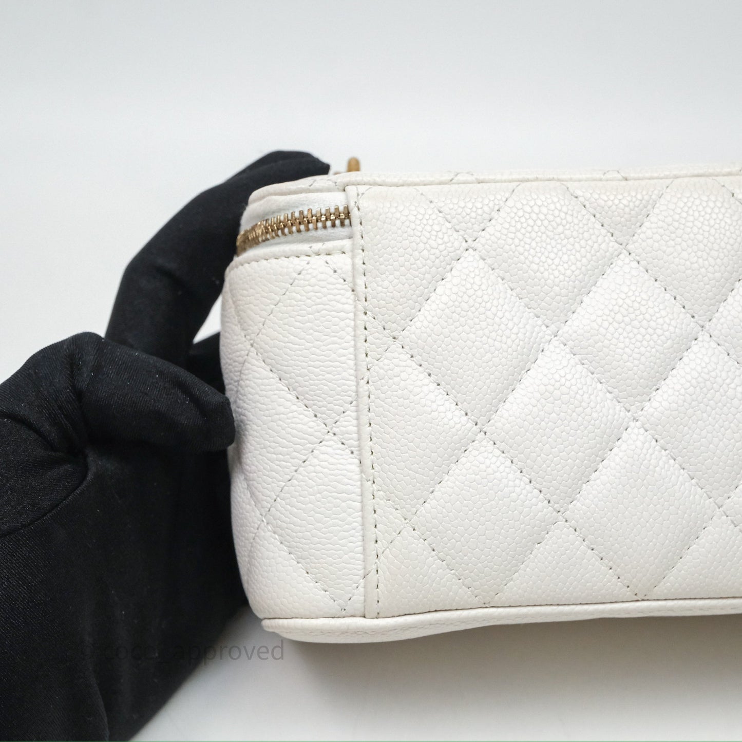 Chanel Vanity with Heart Adjustable Chain White Caviar Aged Gold Hardware