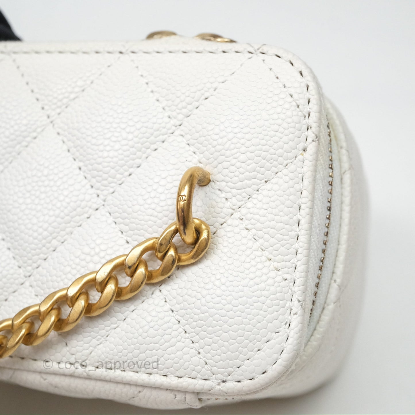 Chanel Vanity with Heart Adjustable Chain White Caviar Aged Gold Hardware