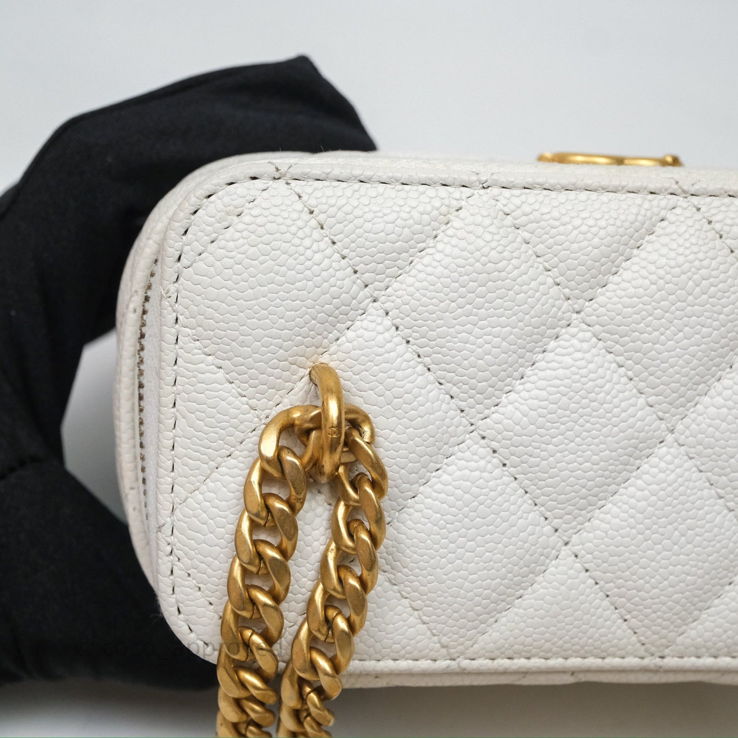 Chanel Vanity with Heart Adjustable Chain White Caviar Aged Gold Hardware