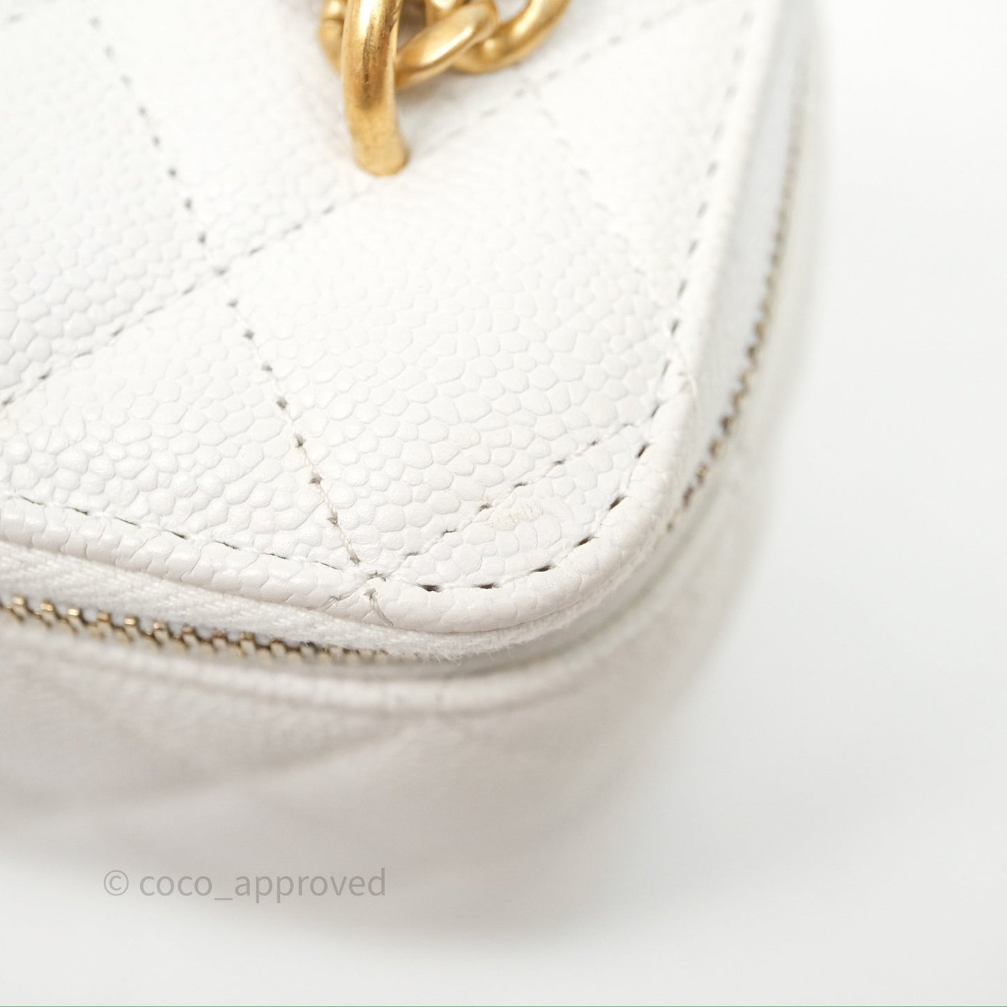 Chanel Vanity with Heart Adjustable Chain White Caviar Aged Gold Hardware