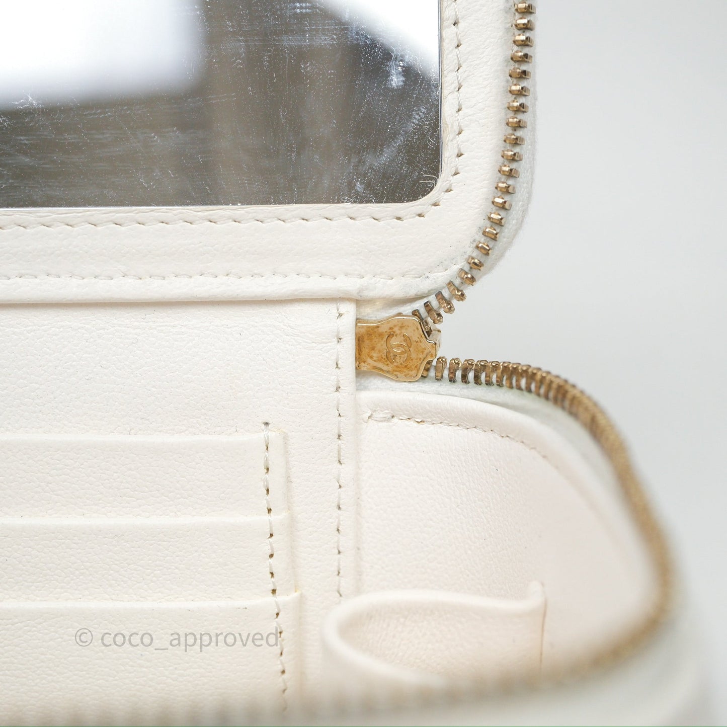 Chanel Vanity with Heart Adjustable Chain White Caviar Aged Gold Hardware