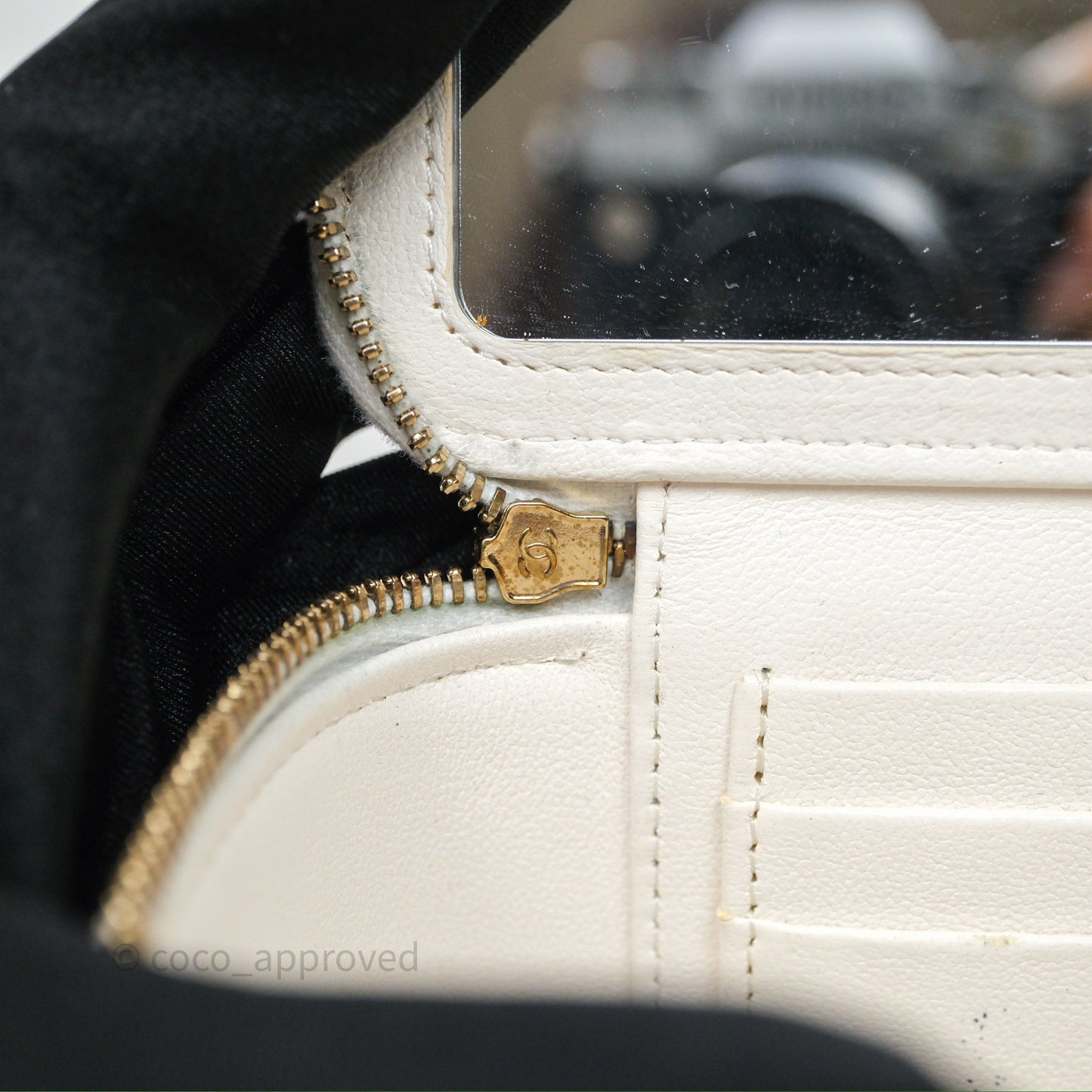 Chanel Vanity with Heart Adjustable Chain White Caviar Aged Gold Hardware