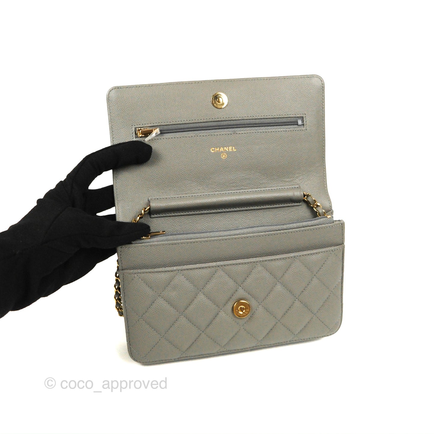 Chanel Quilted Classic Wallet on Chain WOC Grey Caviar Gold Hardware