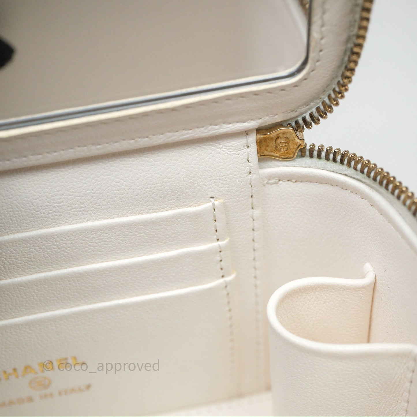 Chanel Vanity with Heart Adjustable Chain White Caviar Aged Gold Hardware