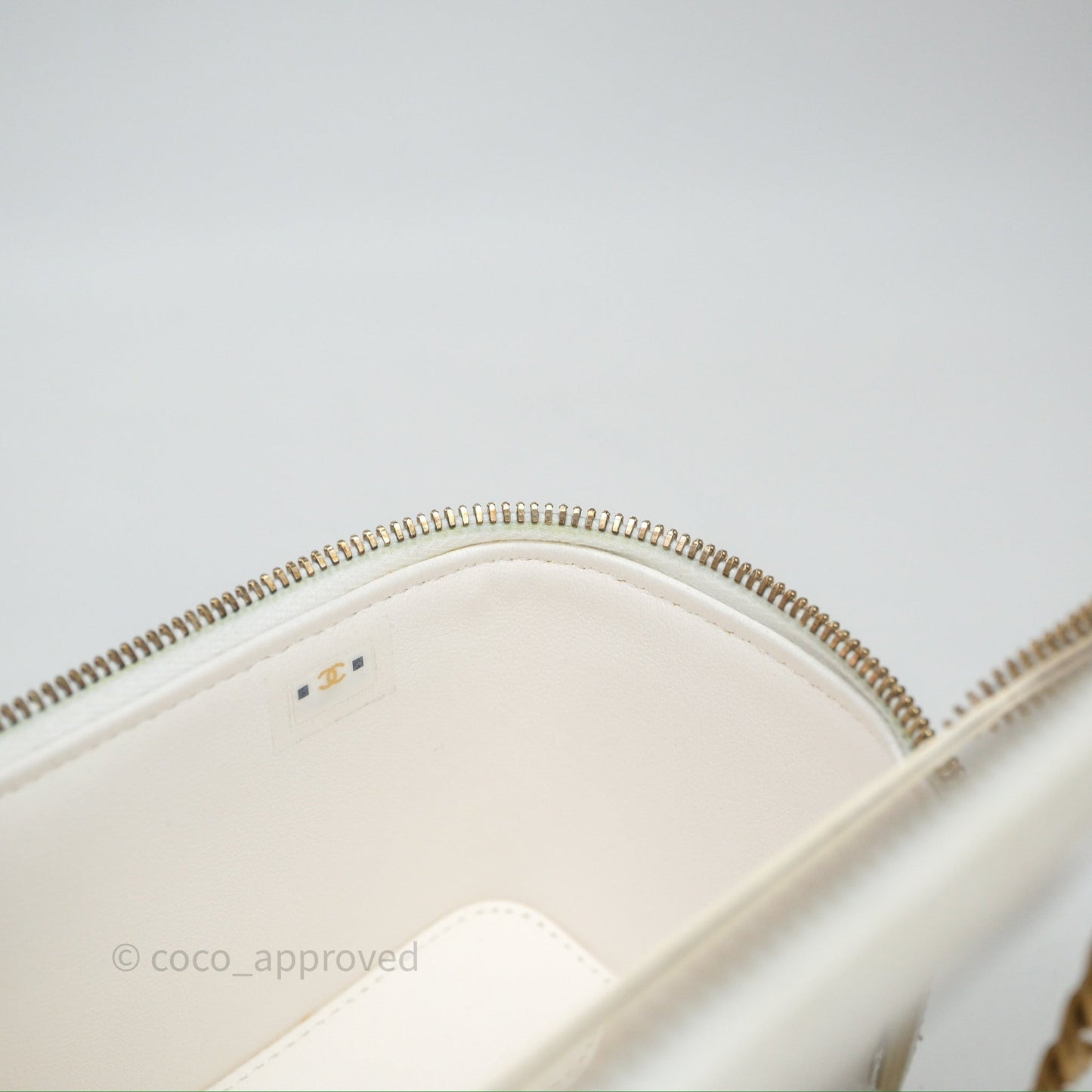 Chanel Vanity with Heart Adjustable Chain White Caviar Aged Gold Hardware