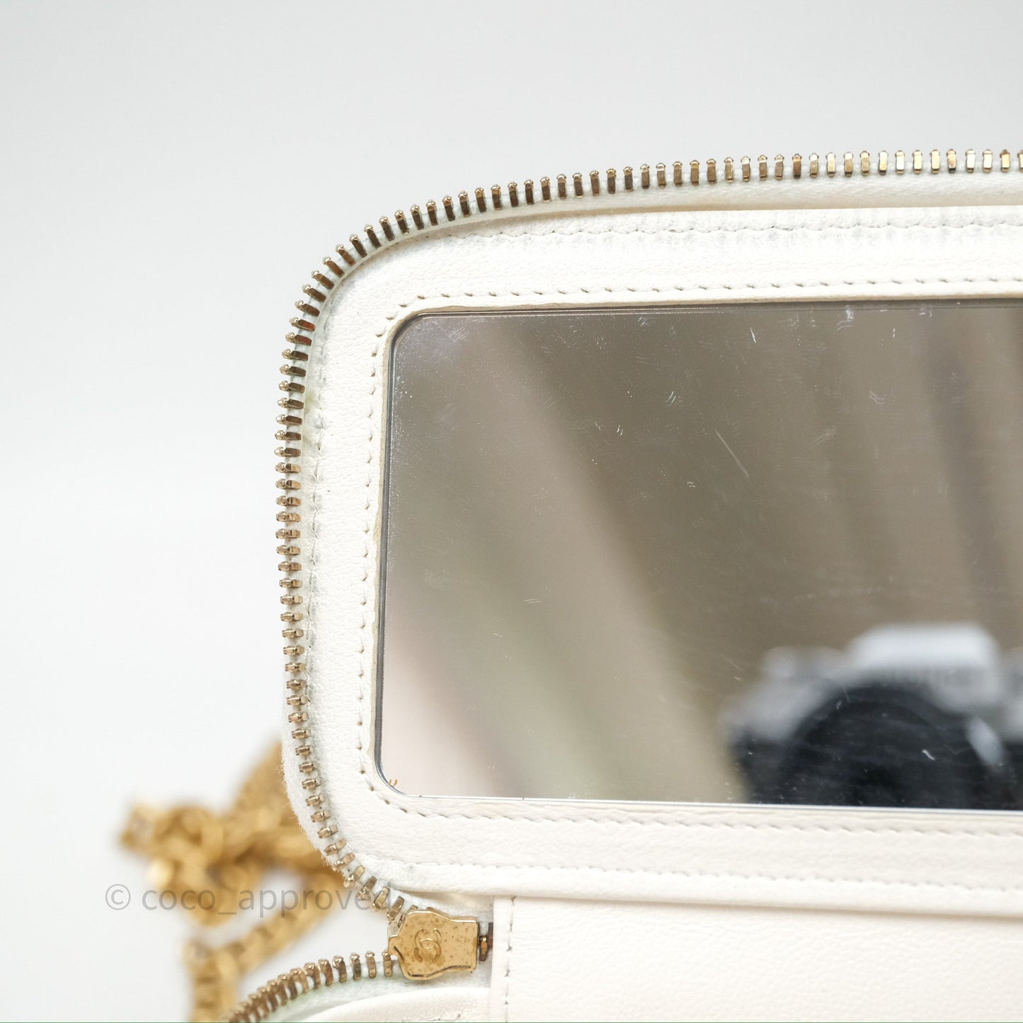 Chanel Vanity with Heart Adjustable Chain White Caviar Aged Gold Hardware