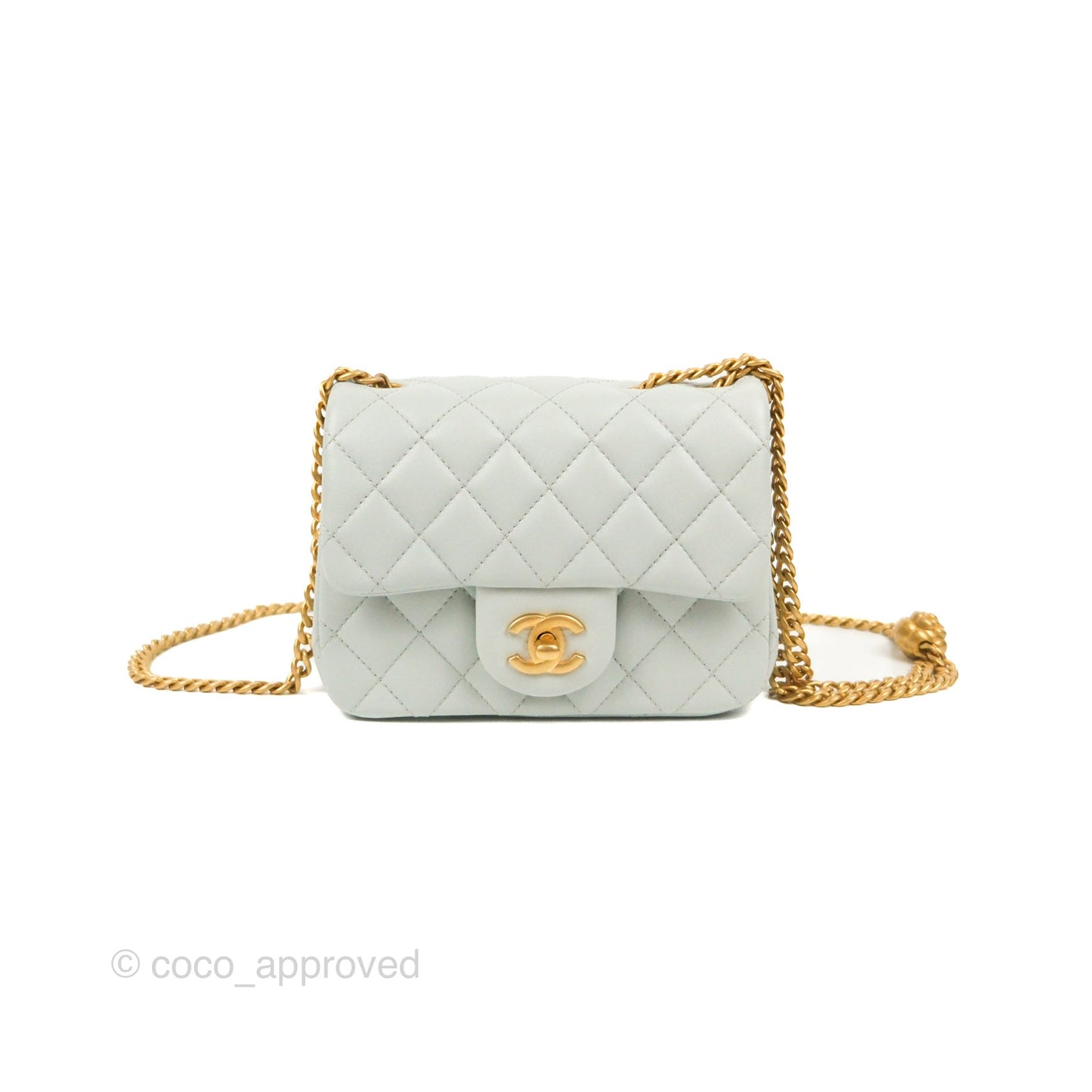 Chanel Quilted Mini Square Flap with Camellia Adjustable Chain Blue Clair Lambskin 23S