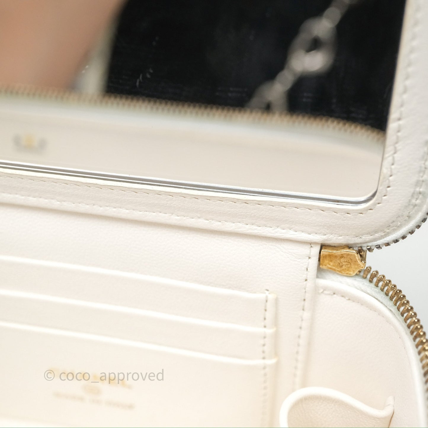 Chanel Vanity with Heart Adjustable Chain White Caviar Aged Gold Hardware