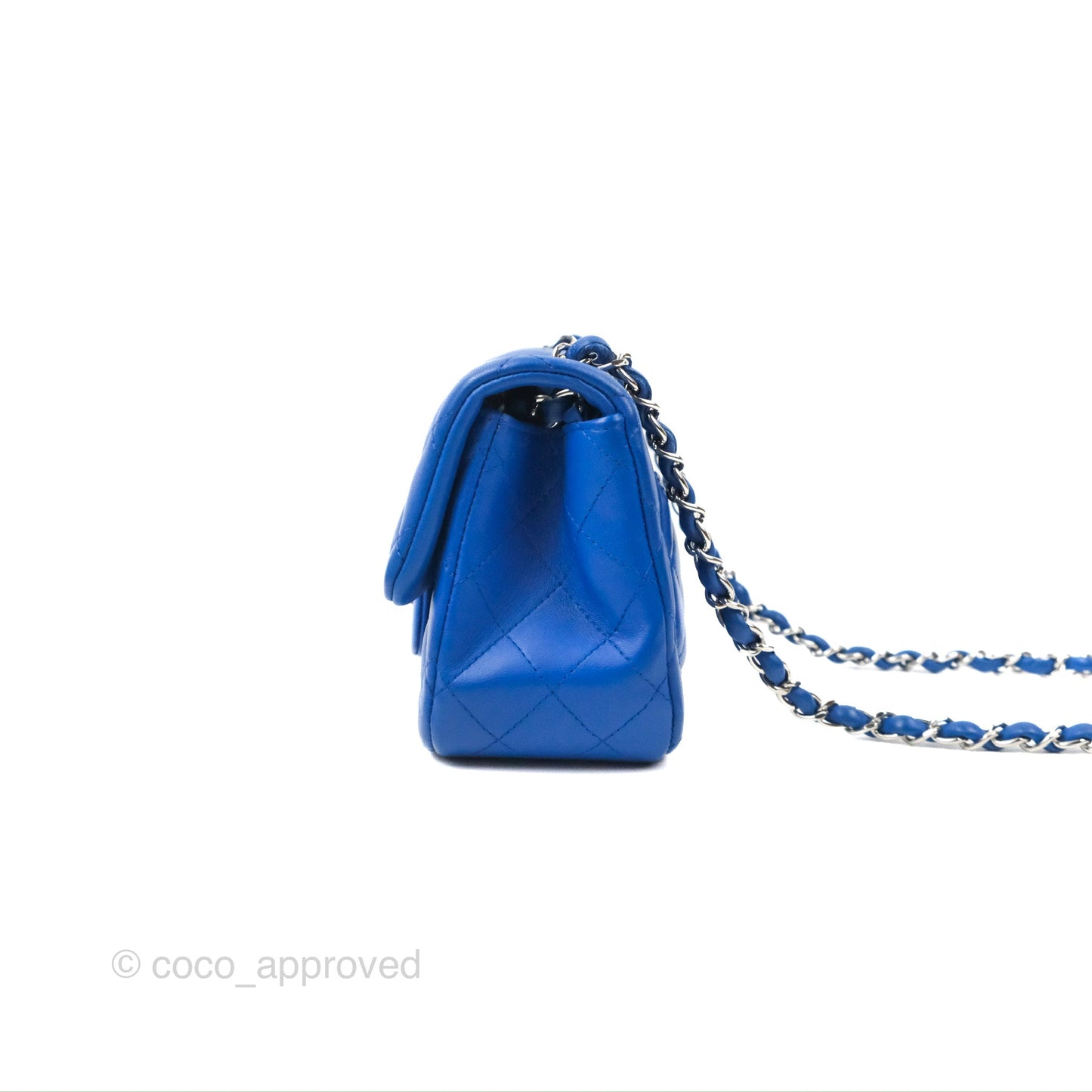 Chanel Quilted Mini Square Blue Lambskin Silver Hardware