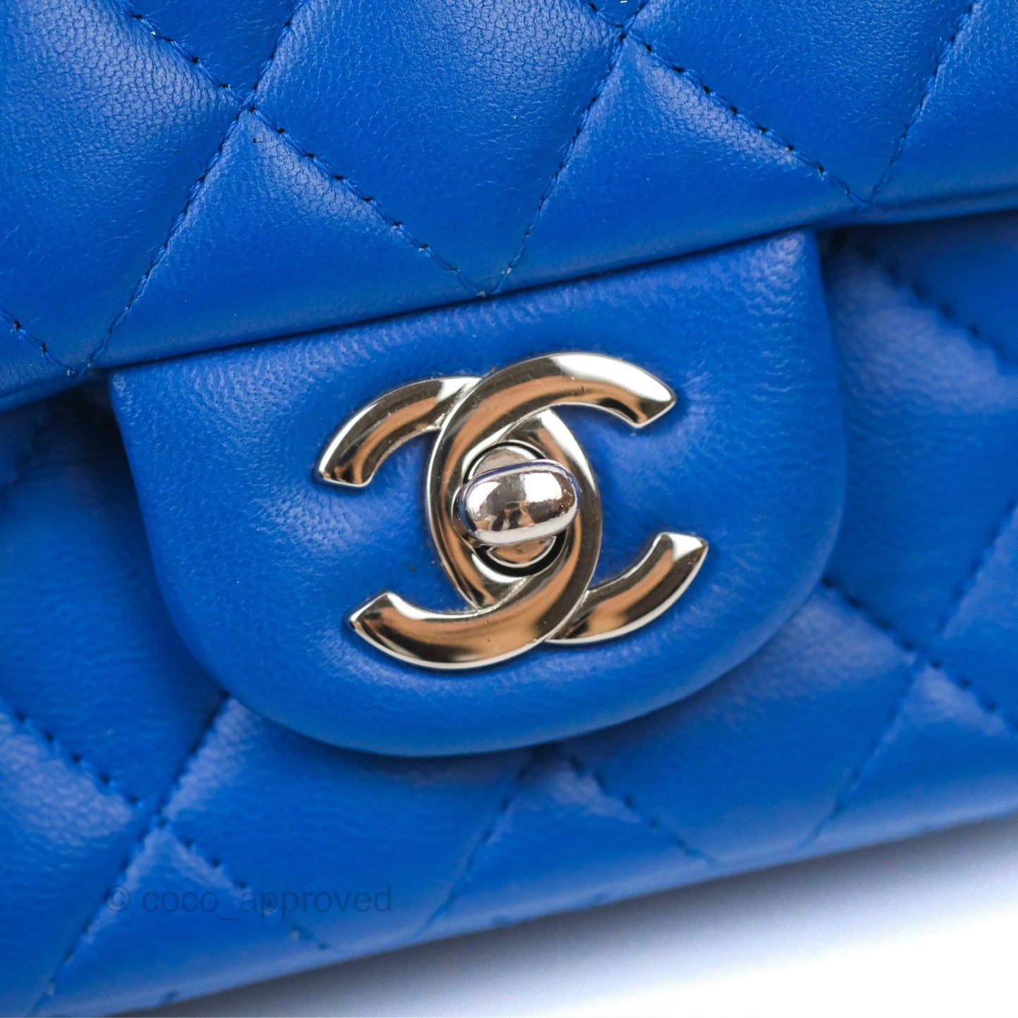 Chanel Quilted Mini Square Blue Lambskin Silver Hardware