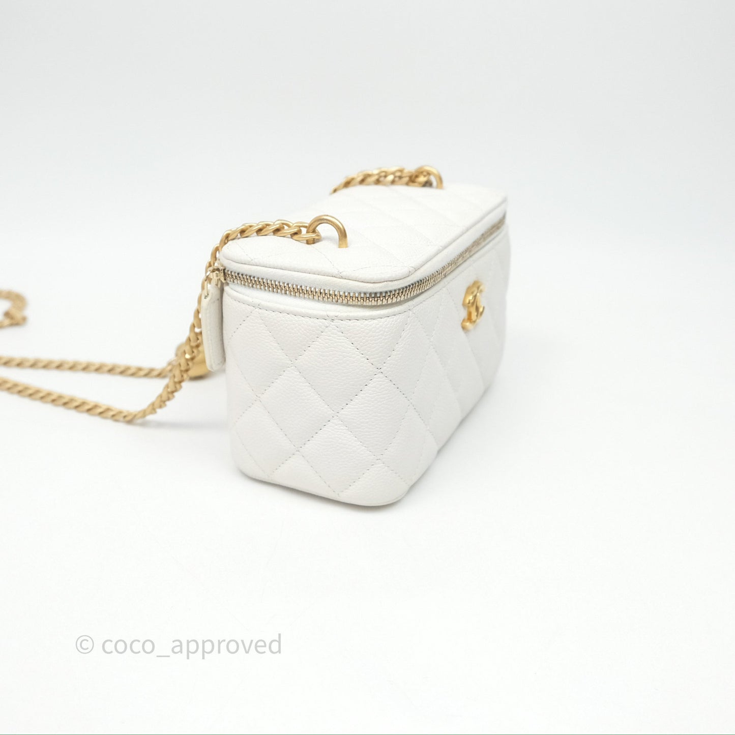 Chanel Vanity with Heart Adjustable Chain White Caviar Aged Gold Hardware