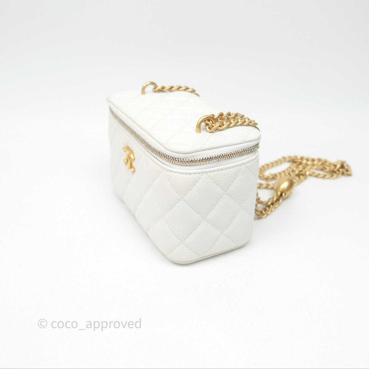 Chanel Vanity with Heart Adjustable Chain White Caviar Aged Gold Hardware