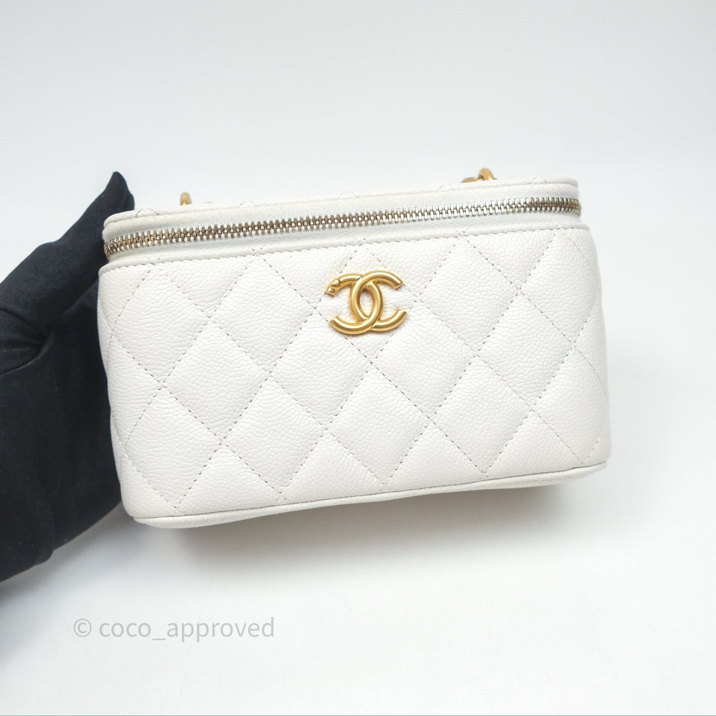 Chanel Vanity with Heart Adjustable Chain White Caviar Aged Gold Hardware