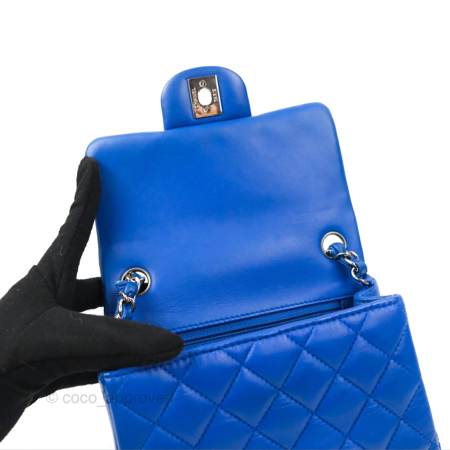 Chanel Quilted Mini Square Blue Lambskin Silver Hardware
