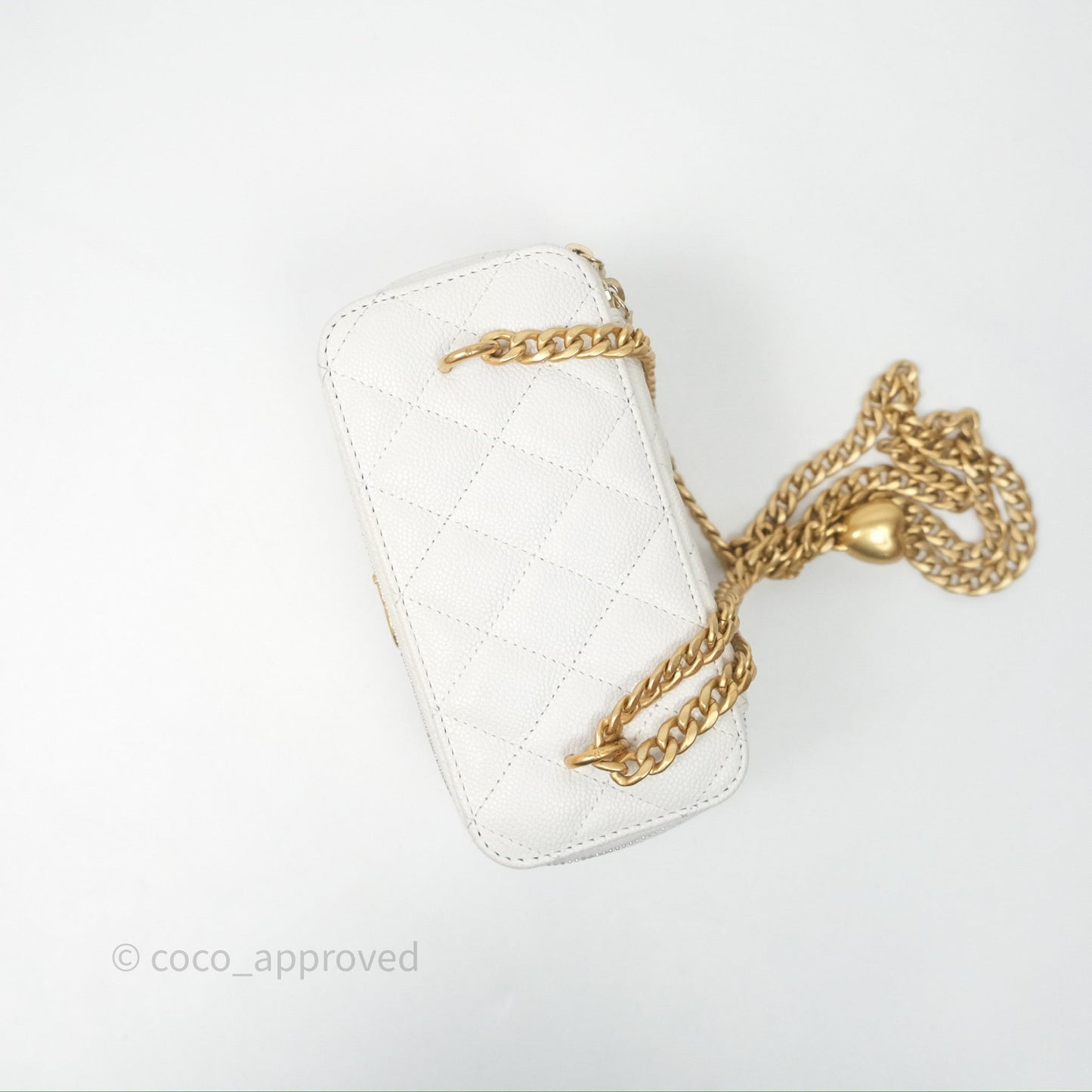 Chanel Vanity with Heart Adjustable Chain White Caviar Aged Gold Hardware