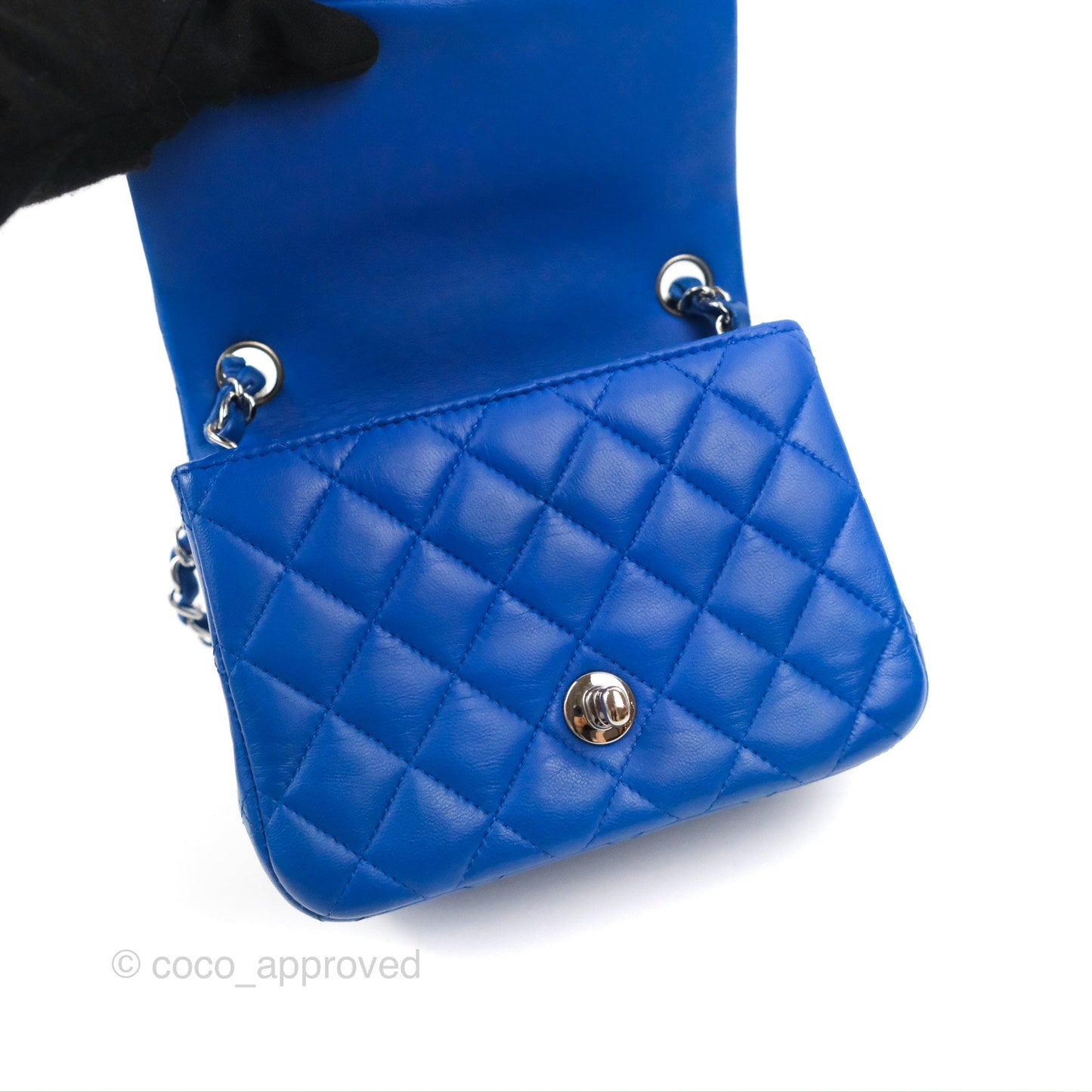 Chanel Quilted Mini Square Blue Lambskin Silver Hardware