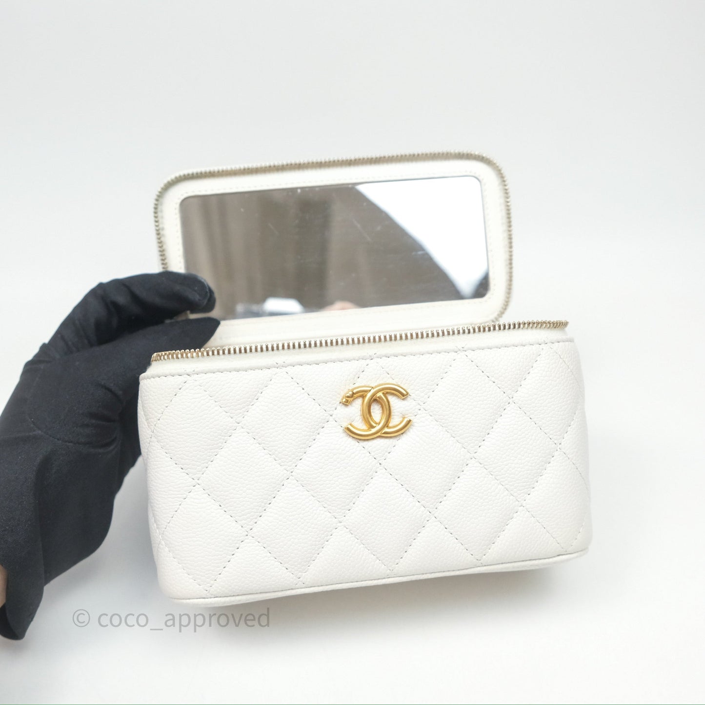 Chanel Vanity with Heart Adjustable Chain White Caviar Aged Gold Hardware