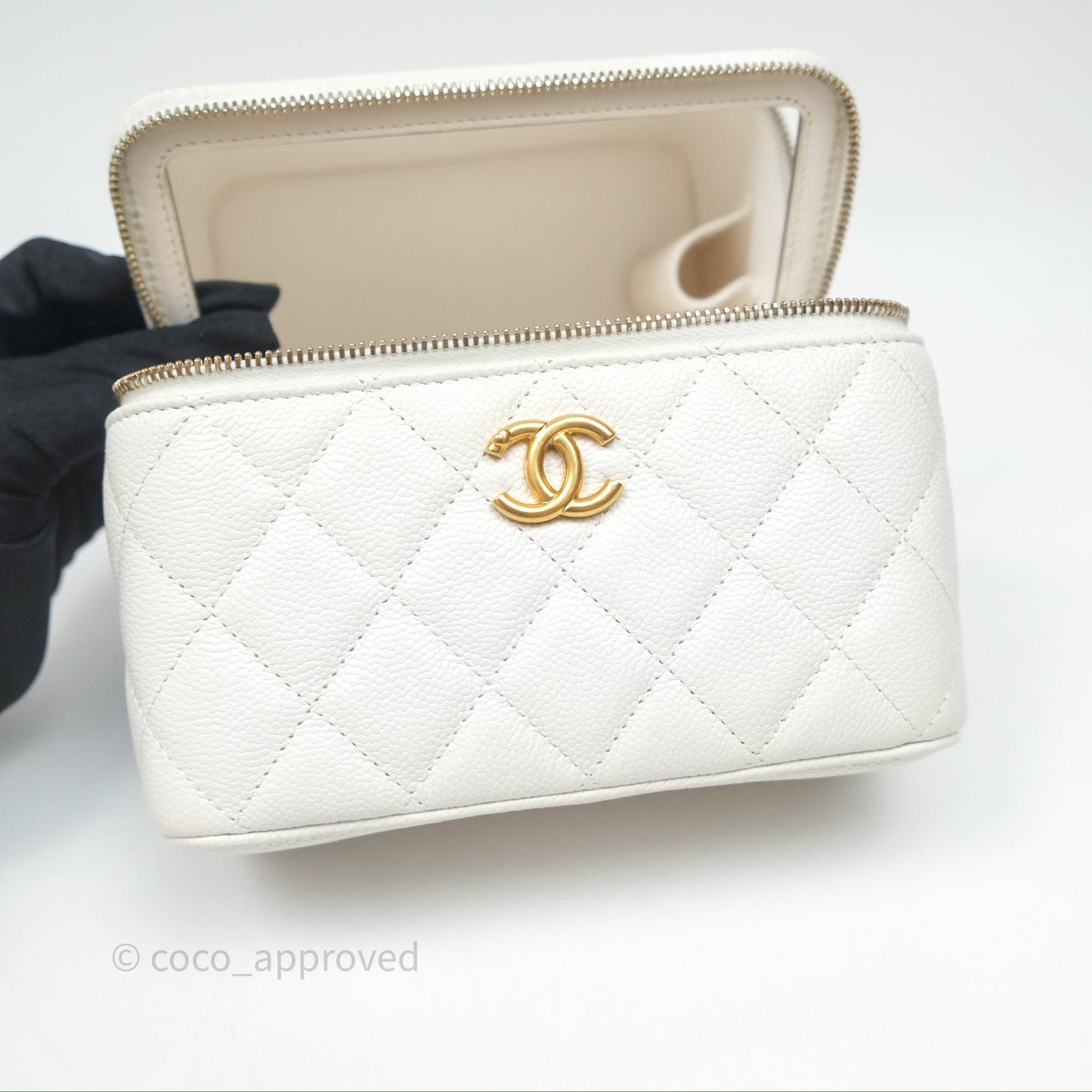 Chanel Vanity with Heart Adjustable Chain White Caviar Aged Gold Hardware