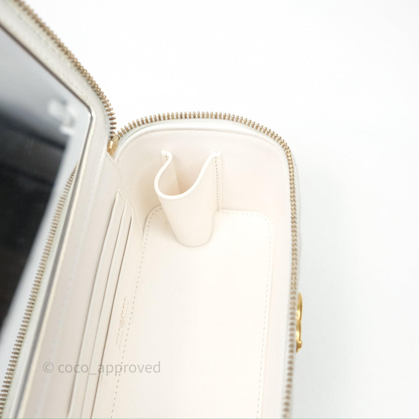 Chanel Vanity with Heart Adjustable Chain White Caviar Aged Gold Hardware