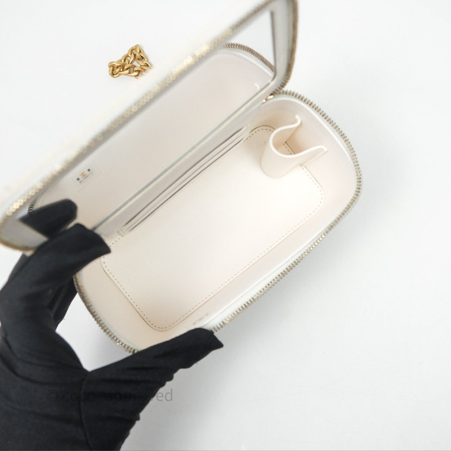 Chanel Vanity with Heart Adjustable Chain White Caviar Aged Gold Hardware