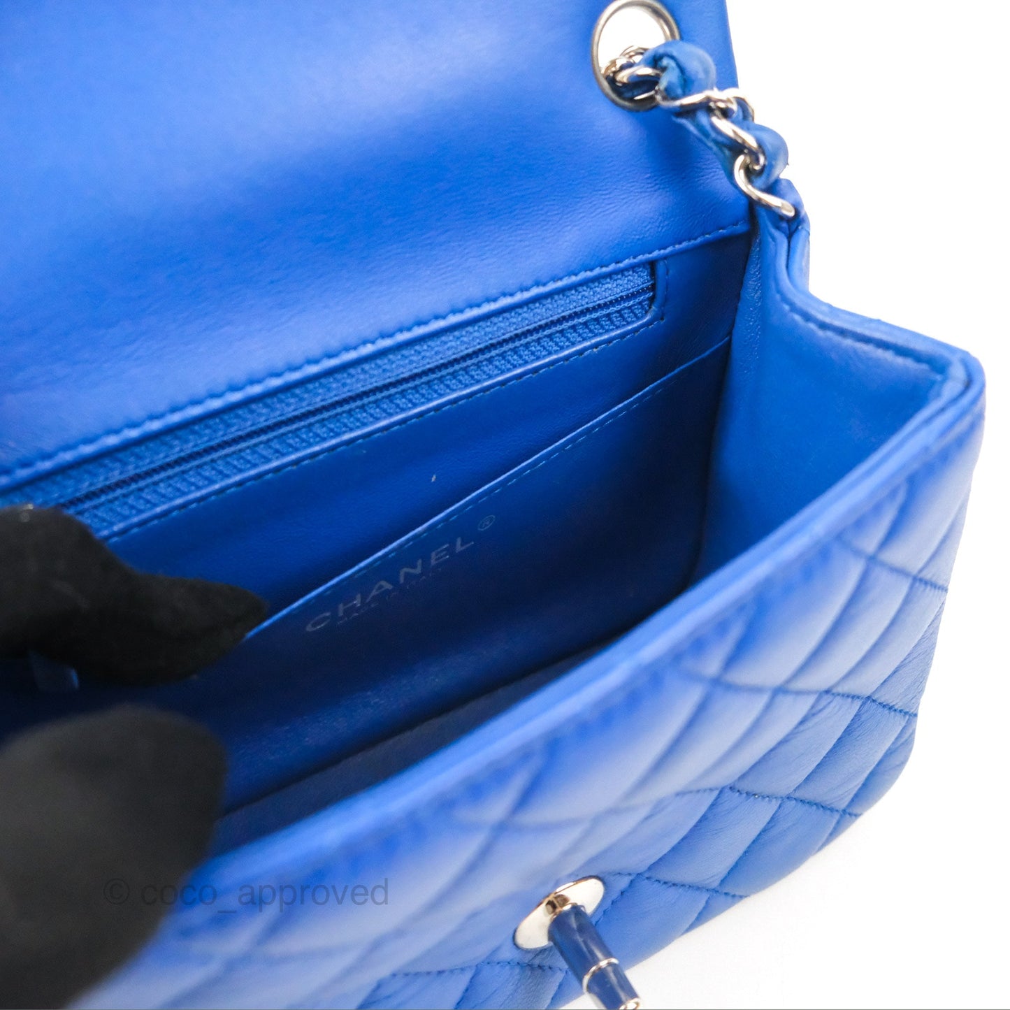 Chanel Quilted Mini Square Blue Lambskin Silver Hardware