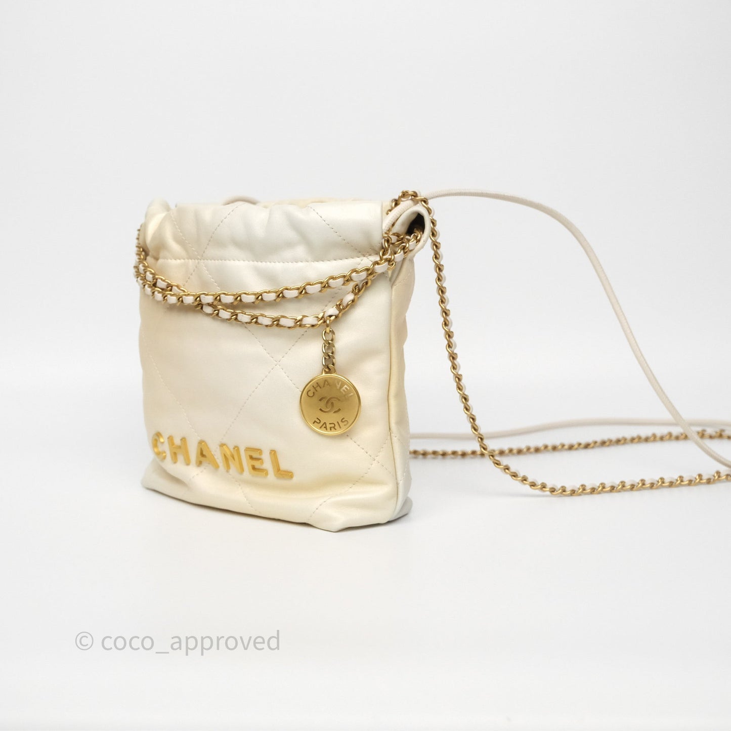 Chanel 22 Mini Bag Iridescent Light Pearly Calfskin Aged Gold Hardware