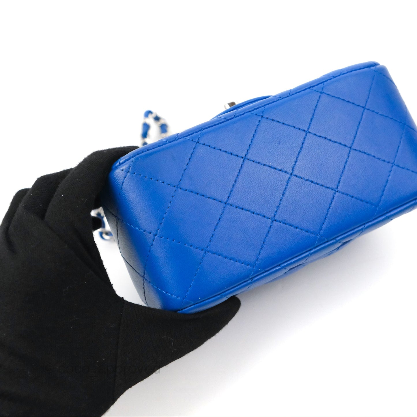 Chanel Quilted Mini Square Blue Lambskin Silver Hardware