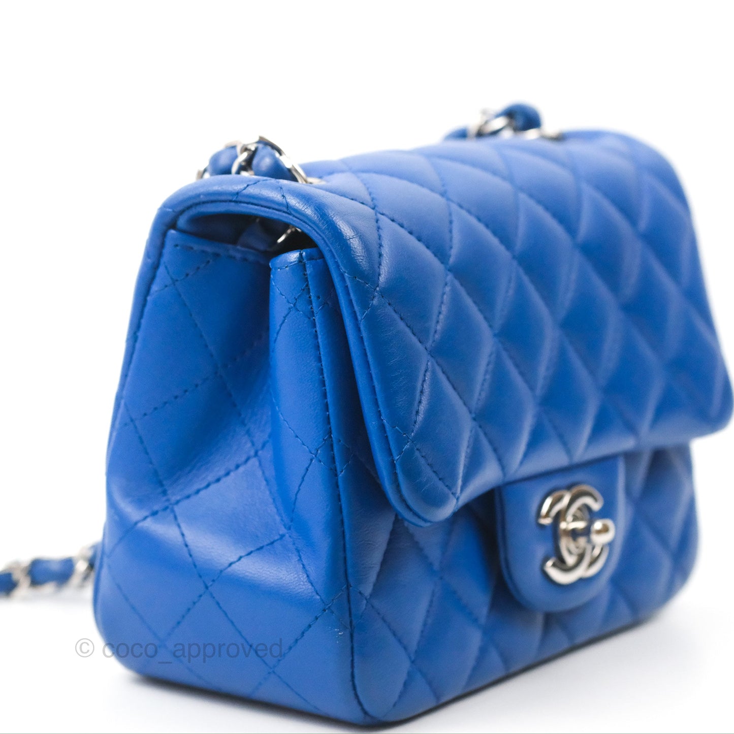 Chanel Quilted Mini Square Blue Lambskin Silver Hardware