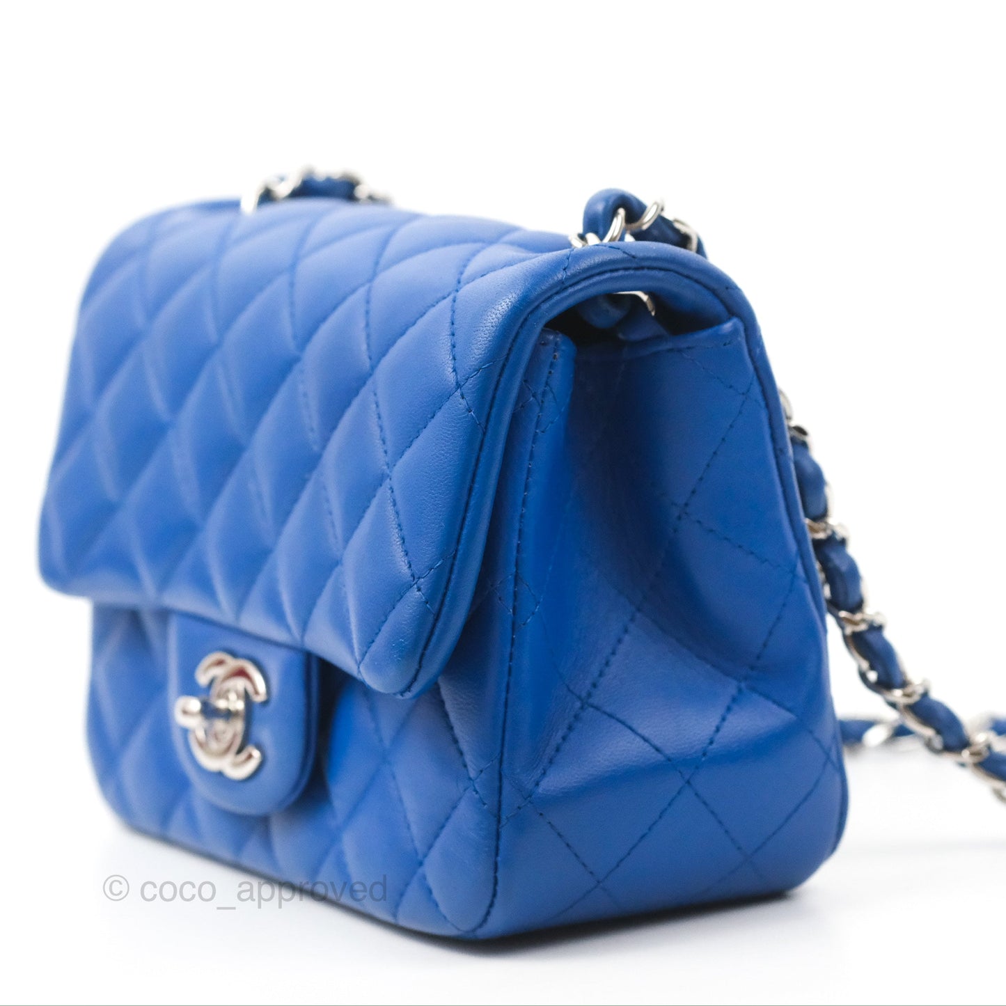 Chanel Quilted Mini Square Blue Lambskin Silver Hardware