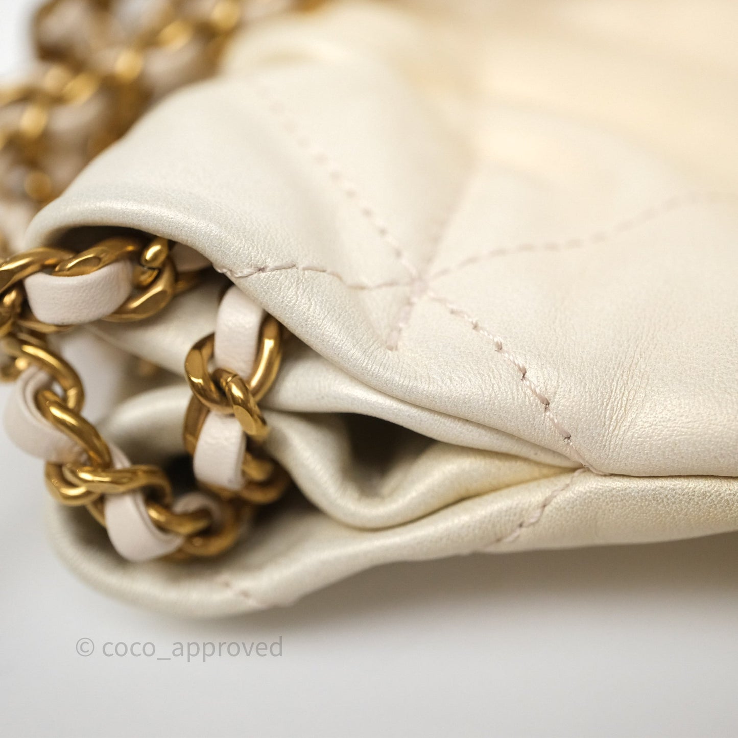 Chanel 22 Mini Bag Iridescent Light Pearly Calfskin Aged Gold Hardware