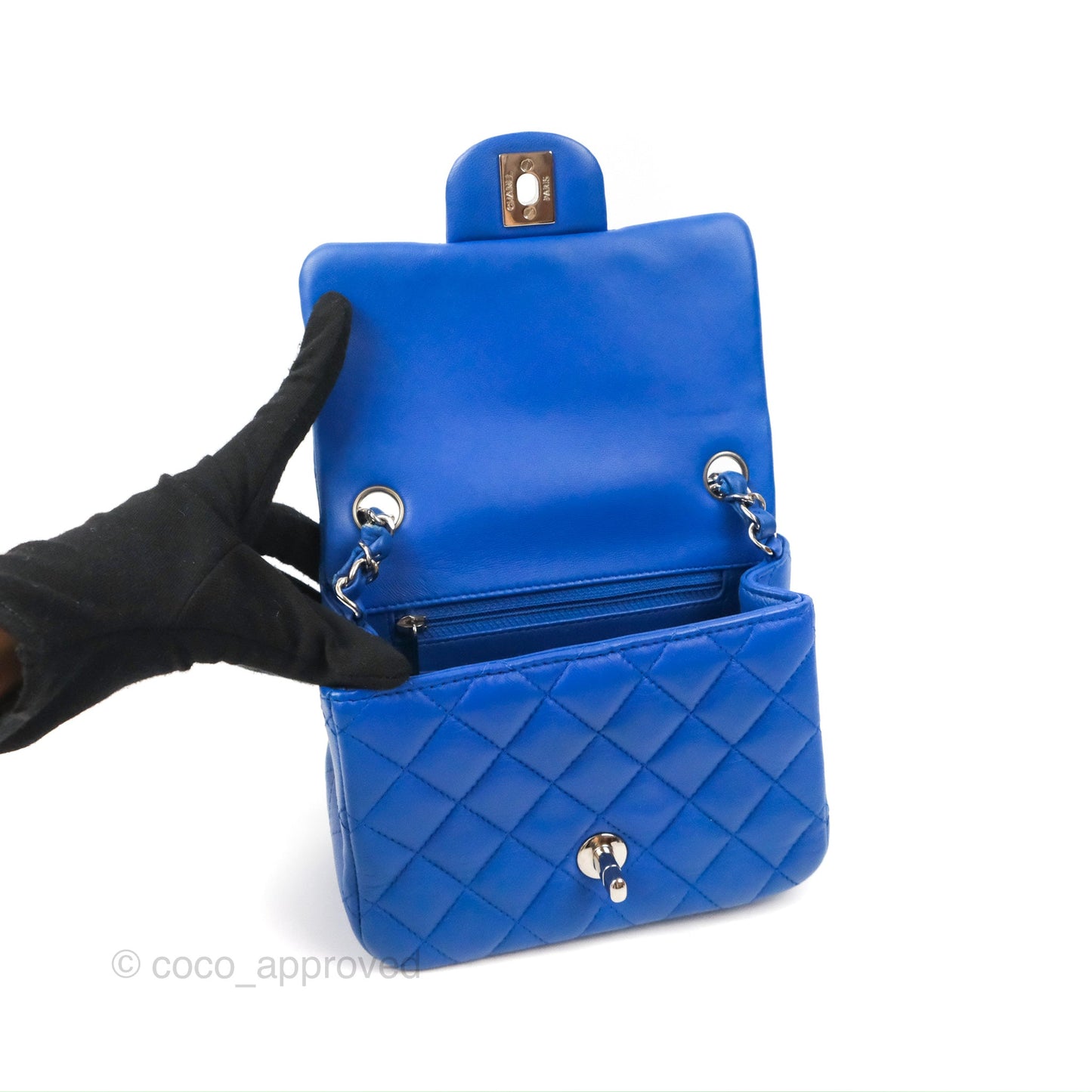 Chanel Quilted Mini Square Blue Lambskin Silver Hardware